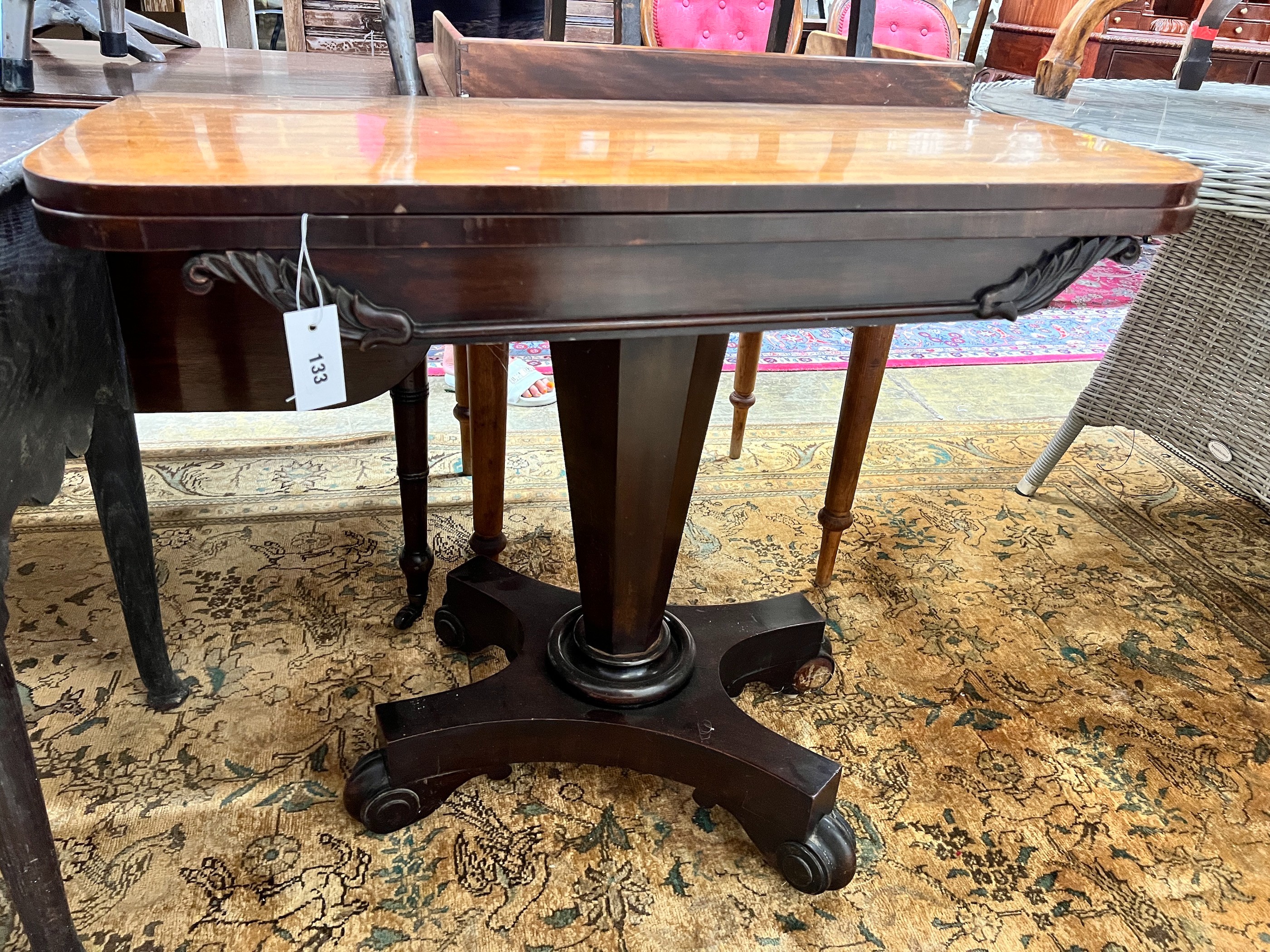 An early Victorian rectangular mahogany folding card table, width 91cm, depth 44cm, height 73cm